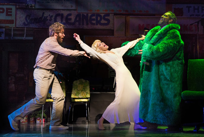 Jake Gyllenhaal, Ellen Greene and Eddie Cooper in Little Shop of Horrors. Photo Credit: Joan Marcus/NYTimes